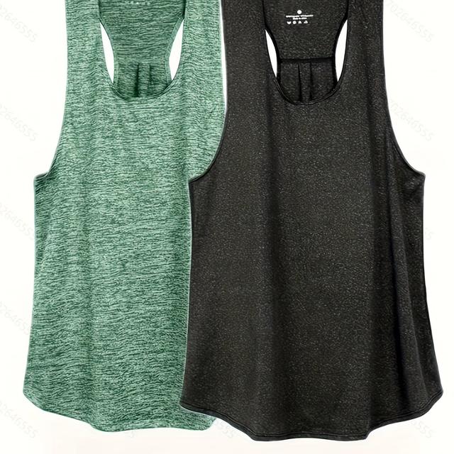 TEMU 2 Stück Damen-Polyester-Tank-Top, 85% Polyester 15% Elastan, Rundhalsausschnitt, Hohe Dehnbarkeit, Einfarbig, Gestricktes Material, 170g/m², Für Sport Und Sommer
