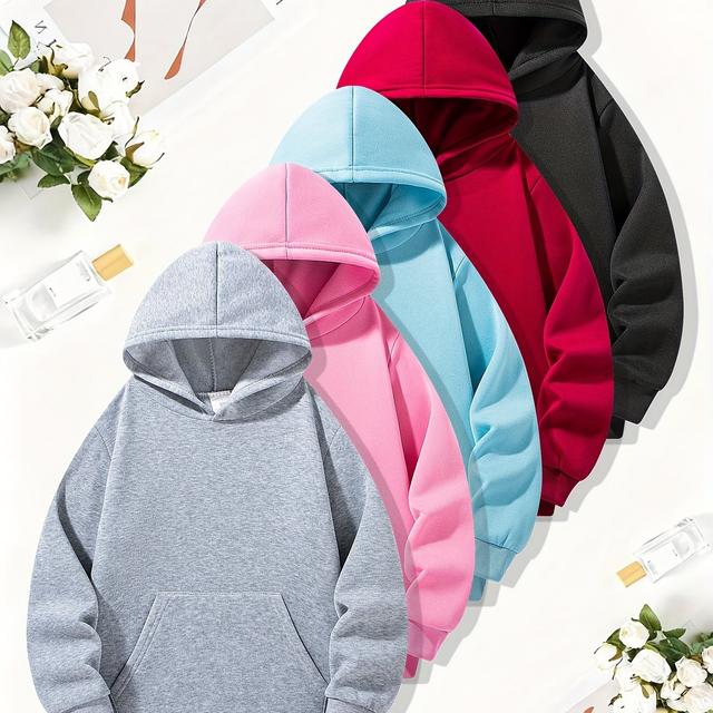 TEMU 5pcs Girls' Solid Color Hooded Sweatshirts - Soft Long Sleeve Sweaters With Pockets, Uniforms For Spring/fall Layering, Machine Washable ' Casual Attire (regular Fit)