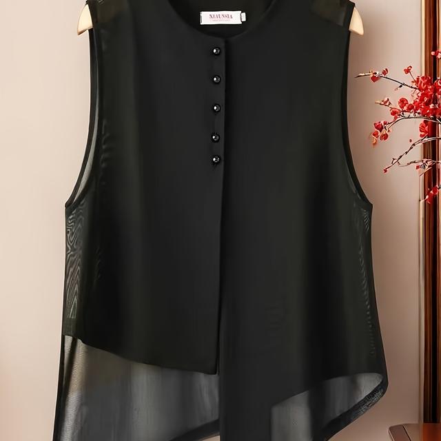 TEMU プラスサイズ 2025年新作 レディースベストカーディガン | トな不規則裾メッシュデザイン | 通気性抜群の軽量ノースリーブトップ | 夏用レイヤリングピース | パーティー・通勤・カジュアルウェア、洗練されたスタイル、ボタンフロント、繊細な仕上げ、女性ファッション、ファッションネイバー向け