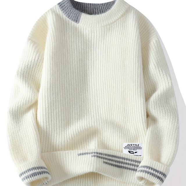TEMU A Knitted Jumper Featuring Ribbed Sleeves And Neck, Casual Outdoor Activities In The Fall And Winter. This Seasonal Fashion Piece Showcases Classic Knitting Techniques, Made From Warm Materials