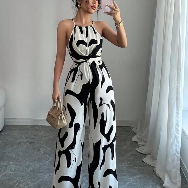 TEMU Eleganter schwarzer und weißer geometrischer Druck Jumpsuit mit Halterneck - Ärmellose, weite Bein-Design für Urlaub und , lässige Kleidung | Geometrischer Druck Jumpsuit | Polyesterstoff