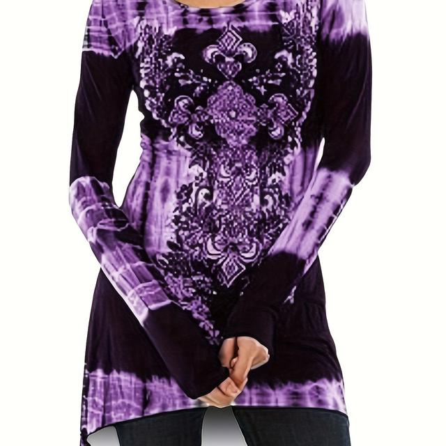 TEMU Plus Size - Bohemian Printed Long-sleeve Women's Top With A Cinched Waist