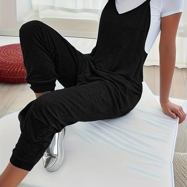 TEMU Women's Fashion Solid Color Loose Suspender V-neck Jumpsuit