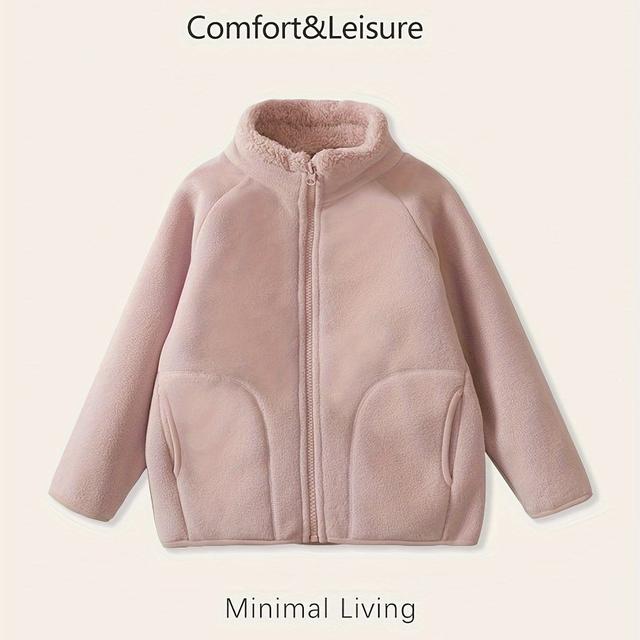 TEMU Kids' New Autumn/winter Pink Thickened -lined Windproof Jacket For Girls And Boys, Stand Collar Warm Comfortable Coat, Children's Birthday Gift, Holiday Gift