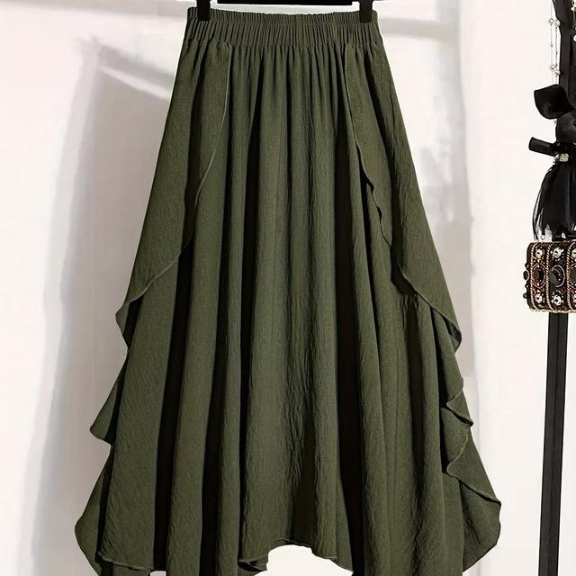 TEMU Falda Midi Asimétrica de Talla Grande para Mujer, Cintura Elástica, de Volantes, Color Sólido, Casual y , Ropa de Talla Grande, Estilo Europeo y Americano, Estilo Coreano
