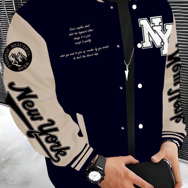 TEMU Herren Leichtes Fleece-Futter New Serie Jacke - Gemütliche Warme Casual Streetwear mit Hip Hop Rock Style, Schnappverschluss & Buchstaben-Print, Schwarz mit Weißer Verzierung für Herbst/Winter