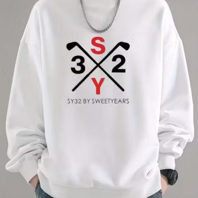 TEMU SWEETYEARS メンズ&レディース SY32 ジャパニーズストリートウェア オーバーサイズ クルーウェットシャツ - ホワイト ゴルフクロ プルオーバー ロゴ付き ス カジュアルセーター ゴルフ愛好家向け 洗濯機対応 (メンズ&レディースサイズ)