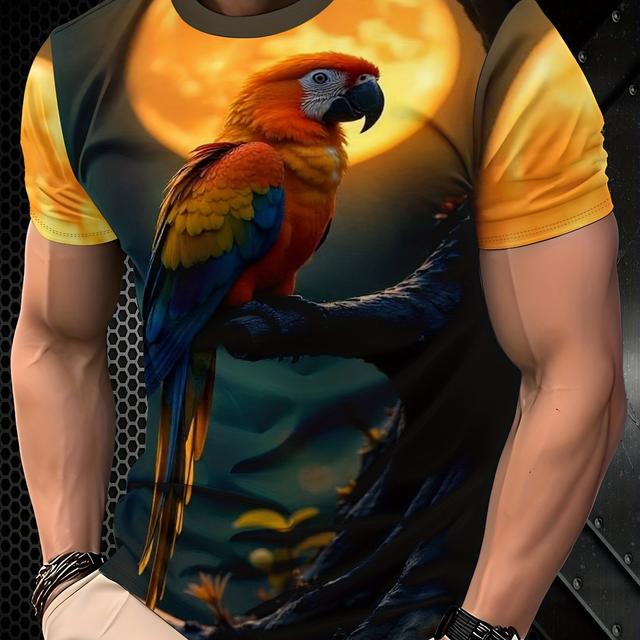TEMU Men's Casual Sport 3d Printed Parrot Graphic T-shirt - Vibrant Street , Breathable Crew Neck Regular Fit Machine Wash Summer Top, Cool Gift Artistic And Stylish Everyday