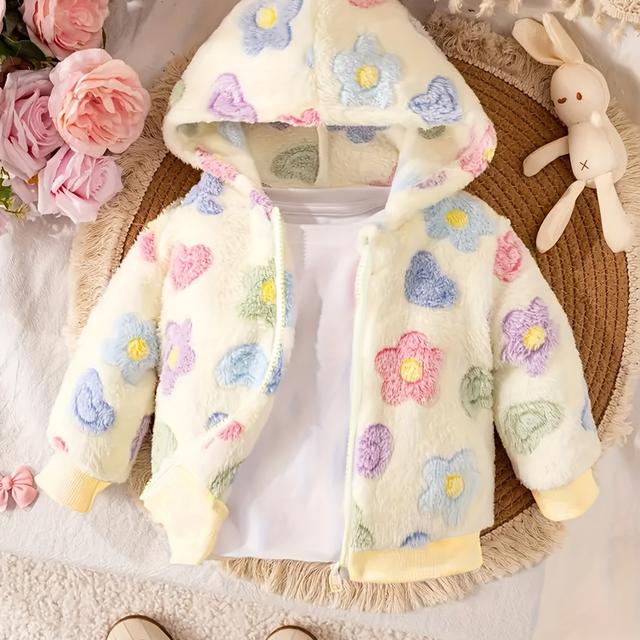 TEMU Girls' Winter -lined Hooded Jacket With 3d Print, Long Sleeves, Zipper, Soft Fabric, Suitable For Outdoor Play And Skiing In Autumn/winter