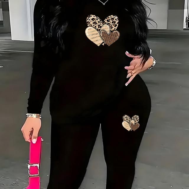 TEMU Conjunto de dos piezas con estampado de y leopardo, top de cuello redondo manga larga y pantalones, ropa casual deportiva para otoño e invierno, moda femenina