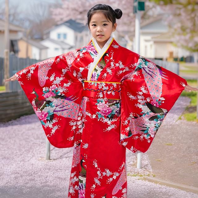 TEMU Girl's Peacock Series Japanese-style Kimono With 9-inch Sleeves, Traditional Outfit Set (kimono + Obi + Back Cushion) - In 5 Peacock-patterned Colors, Of Beauty To . Features Japanese