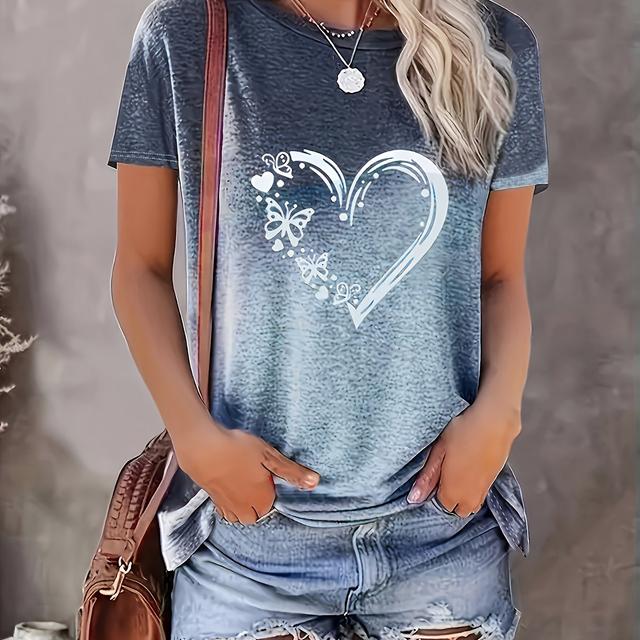 TEMU Große Größe Ombre & Herzdruck T-Shirt, lässiges Kurzarm-Rundhals-Oberteil für Frühling & Sommer, Damenbekleidung in Übergröße