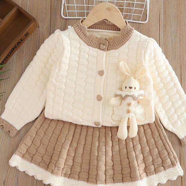 TEMU 2025 Herbst/Winter Neues Mädchen Strickpullover Set Cardigan Zweiteiliges Oberteil und Halbrock Cartoon Hase Rot