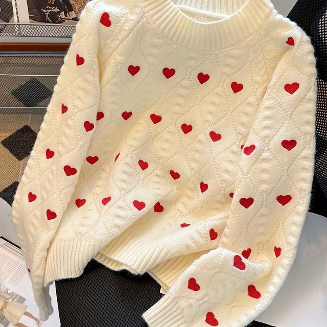 TEMU Gemütlicher Damen-Winterpullover mit Roter Herz-Muster - Süßer Rundhals-Pullover, Weich und Warm für Herbst & Winter, Lässige Schicke Outfits, Bequemes Kleidungsstück, Details
