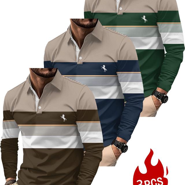 TEMU 3pcs Set - Men's Long-sleeved Shirt With 3d Printed Casual Golf Shirt. With Striped Design Logo Pattern, It Has A Sporty Style. Men's Long-sleeved Shirt.