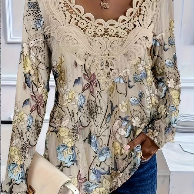 TEMU Plus Size Floral Print Long Sleeve T-shirt - Casual Polyester Blend Top With Ruffle Crew Neck, Stretch, Spring/fall Pullover Knit Fabric For Women