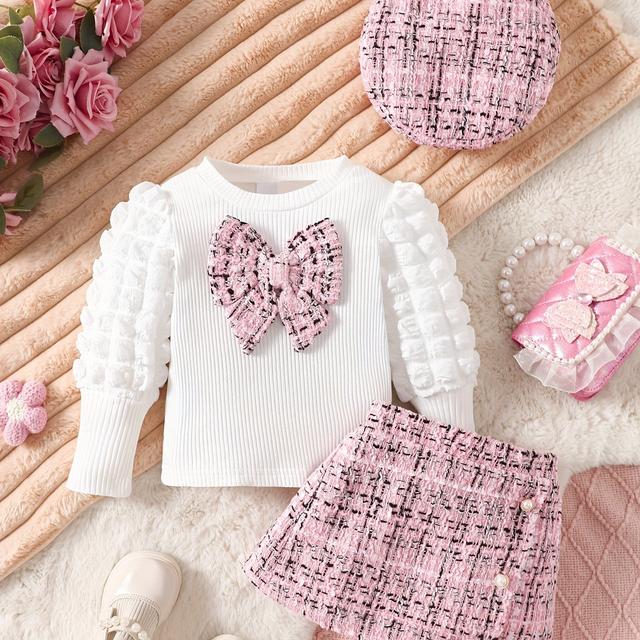 TEMU 3pcs Sweet Girl Outfit | Bubble Sleeve Long-sleeve Top With Bow, Pleated Skirt, And Hat, Ideal For Outdoor Activities And Daily Wear, Gift