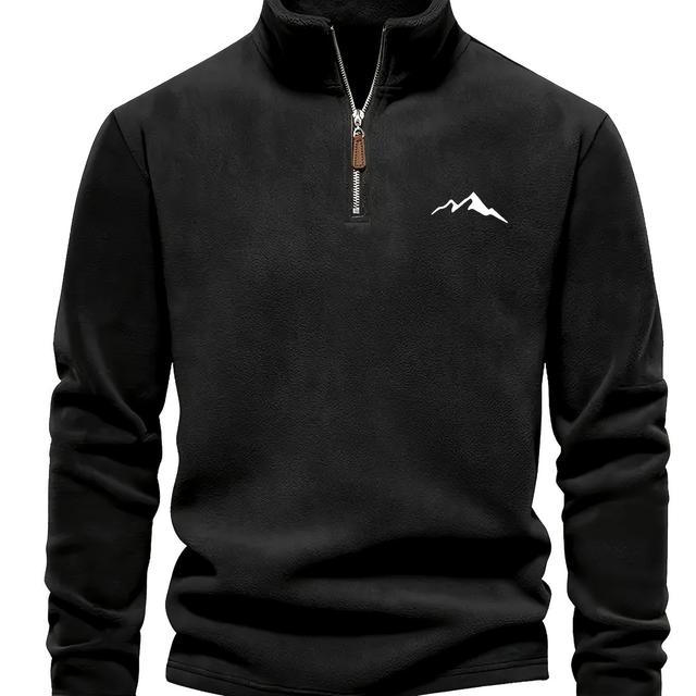 TEMU New Autumn/winter Men's Fashion White Hill Embroidery Stand Collar 4/1 Zipper Shirt Long Sleeve Knitwear Brushed Thickened With Lining