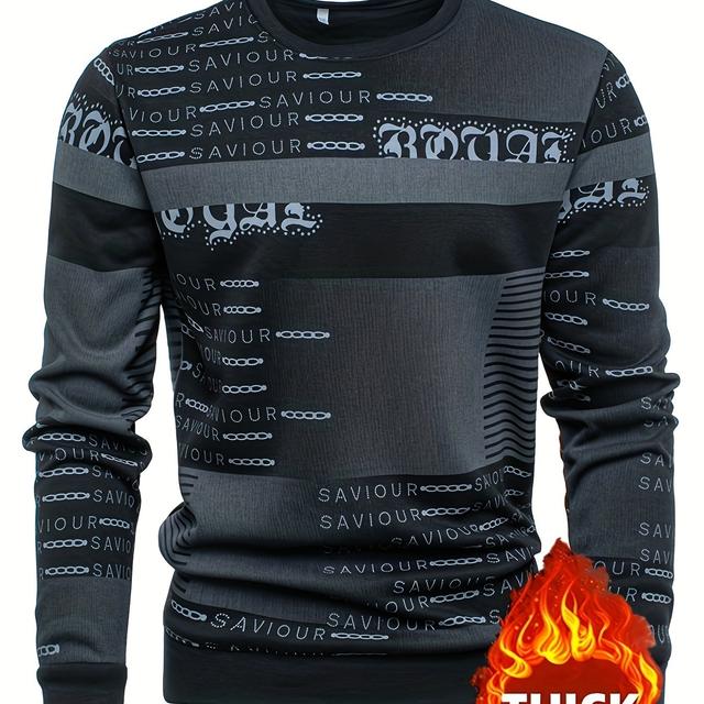 TEMU Pánská silná fleecová mikina - silný zimní pulovr s výrazným nápisem SAUVIOR, svetr s dlouhým rukávem a kulatým výstřihem do chladného počasí