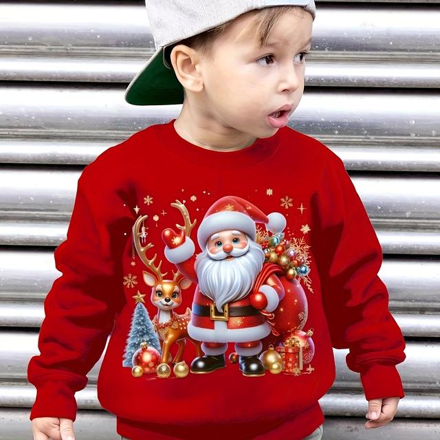 TEMU Boys' Autumn/ -lined Sweatshirt With Santa Claus And Reindeer Series Print Pattern, Christmas Elements, Casual Long-sleeve Pullover Sweatshirt