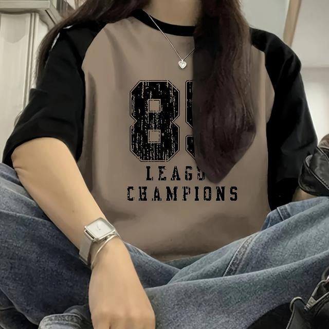 TEMU Everyday Women's Y2k T-shirt - Colour Sleeves, Round Neck, Short Sleeves, Polyester Blend Fabric, "85" Letters And Numbers Printed On Pattern As Tuso, Jersey Fabric, Machine Washable.