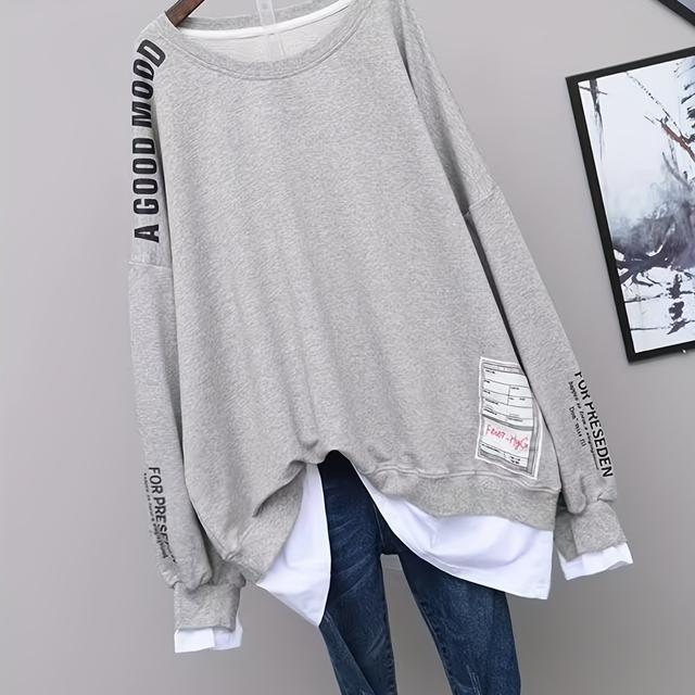 TEMU 2025年秋の新作スウェットシャツ2枚セット、ミドル丈オーバーサイズ韓国風ゆったりパッチワーク長袖トップ、伸縮性と快適な素材、ぽっちゃりにもおすすめ