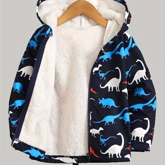 TEMU Veste chaude zippée à manches longues pour garçons, imprimé dinosaure intégral, vêtements d'extérieur