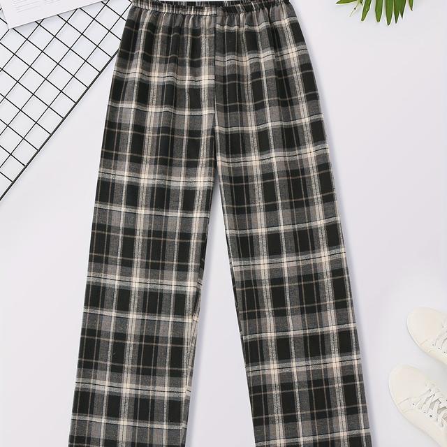 TEMU 남성용 클래식 체크 바지 - 사계절 편안한 잠옷, 레귤러 핏 캐주얼 라운지 바지 (블루 & 체크 패턴)
