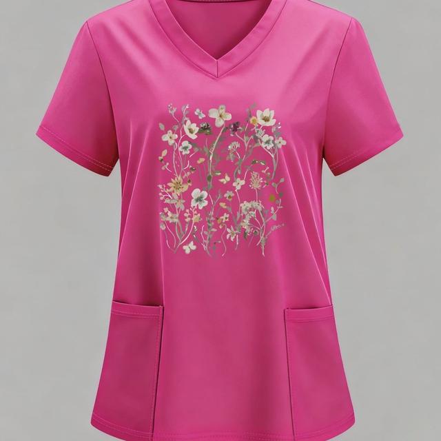 TEMU Camiseta de mujer con cuello en V, estampado de floral y temática , y cómoda, mezcla ligera, lavable a máquina, adecuada para uso diario y de vacaciones, top elástico con bolsillos