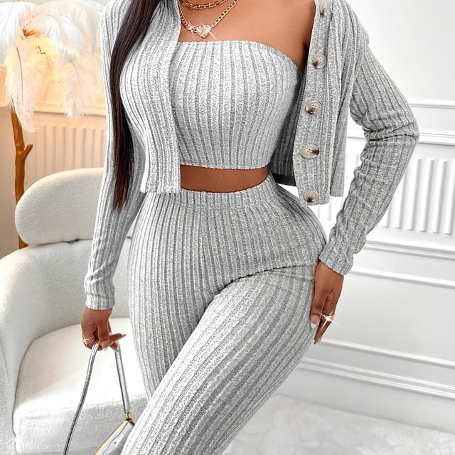 TEMU Conjunto de 3 Piezas: Top Tubo de Color Sólido, Chaqueta con Botones Delanteros y Leggings