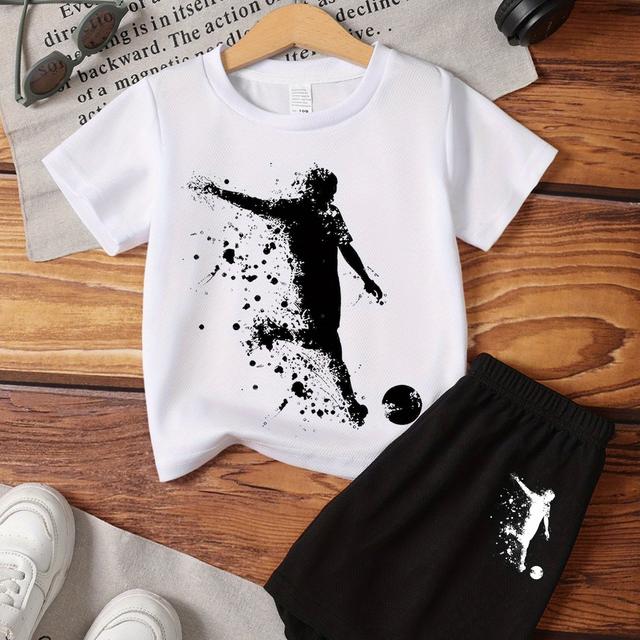 TEMU Youth Novel Soccer Graphic T-shirt And Shorts Set Summer 2d Print Clothing Daily Holiday T-shirt 2pcs + Elastic Shorts 2pcs, For Outdoor