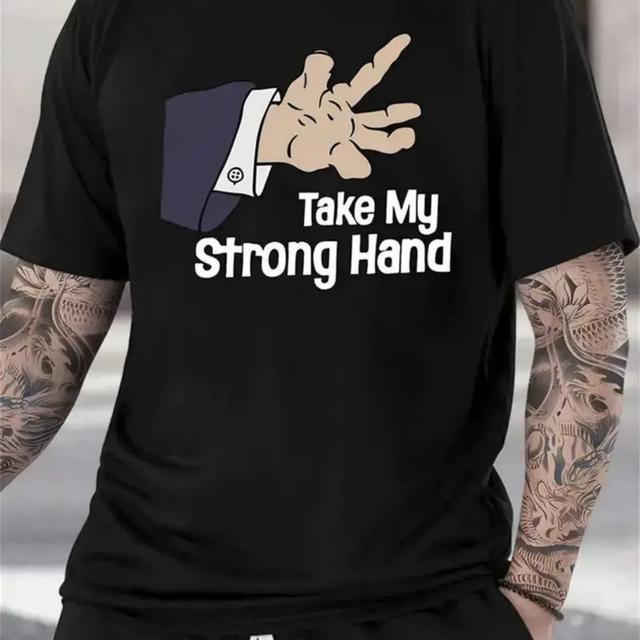 TEMU Unisex "take My Strong Hand" Graphic Print T-shirt - Soft 95% Cotton , Regular Fit Short Sleeve Round Neck For , Casual Wear, Comfortable Fashion | Durable Clothing