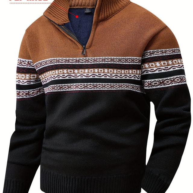 TEMU Men's 1/4 Zip Lined Jacket, Retro Nordic Color Block Pattern, Elastic Ribbed Cuffs And Adjustable Hem, Thermal Insulated Pullover For Outdoor Sports, Hiking, Cycling, Casual Winter Wear