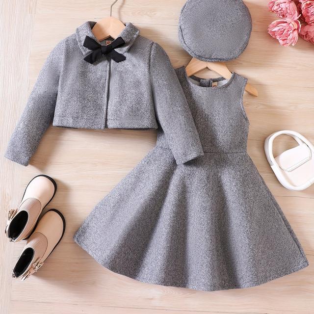 TEMU Bust Measurement Refers To The Dress Data (detachable Bow, Girls' Autumn/winter New Style New Year Bow Tweed Coat + Vest Dress + Beret 3pcs Set)