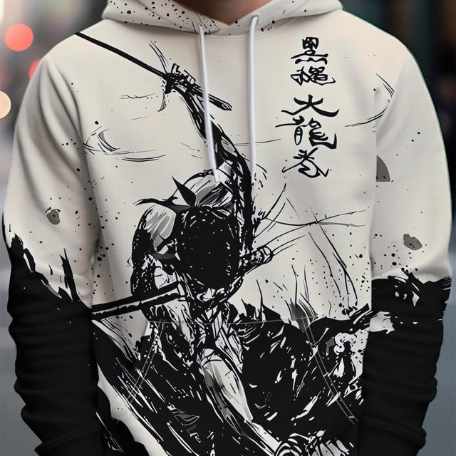 TEMU Camisola com Capuz Streetwear Trendy para Homem Apresentando um com Cabelo numa Cena de , Enquanto Brande uma Espada e Desencadeia . Design é em Artísticos e o Estilo