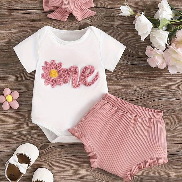 TEMU Infant Summer Short Sleeve Top + Solid Color Pants Set With Headband, Three-piece Classic Versatile Outfit For Daily Wear, Perfect For Outdoor