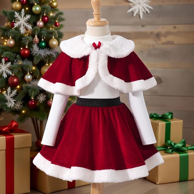 TEMU Autumn And Winter Toddler Girls' Solid Color Half High Neck Long Sleeve T-shirt Double-sided Plush Trimmed Cape And Velvet Semi-plush Half Skirt Christmas Outfit