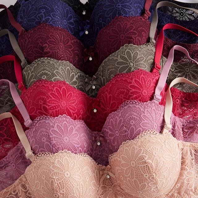 TEMU Siebenpack Halbbecher-Blumenkontrast-Spitze Sexy Verstellbarer Push-Up Damen-BH