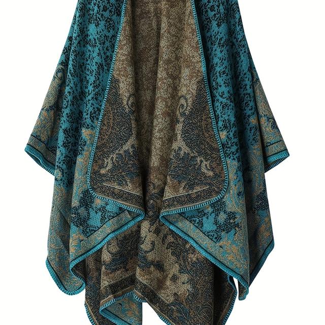 TEMU Plus Size - Women's Vintage-inspired Warm Cape Cardigan - Cozy Fall/winter Open Front Sweater With Floral Pattern, Non-stretch Fabric, Straight Hem & Cape Sleeves