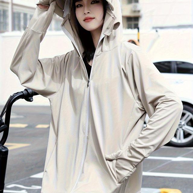 TEMU レディース 軽量ドライ ビーズ付きフード付きサンシャツ - ルーズフィット 全身日よけ、トな無地デザイン、アウトドア・通勤用 春夏秋向け、耐久性ビーズ生地 フーデッドジャケット