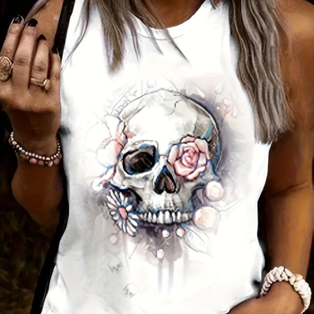 TEMU Dark-themed Skull And Flower Print Round Neck Halloween Tank Top, Stylish Casual Medium Stretch Sleeveless Shirt, New Women's Sleeveless Top