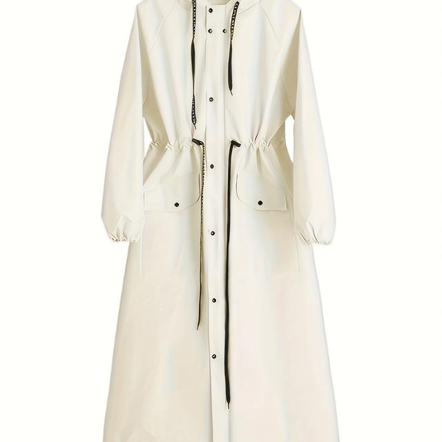 TEMU Women's Long Raincoat With Zipper Front - Stylish Black Full-length Rain Gear, Detachable Shoulder Pads & Button-up Front For Casual Wear, Raincoats For Hikin