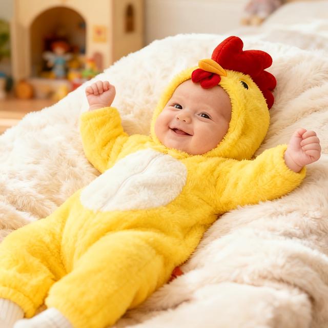 TEMU Infant & Toddler Little Chick Long-sleeve Hooded Bodysuit, Baby Autumn/winter -friendly Warm Romper, & 100th Day Photo Shoot & Holiday Outing Clothing