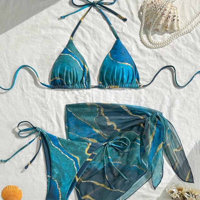 TEMU Hot Selling Marble -piece Bikini Swimsuit With Mesh Skirt, Women's Sexy Bikini