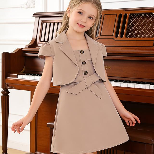 TEMU Girls' Blazer Collar Short Top Solid Color Decorative Button Suspender Dress Two-piece Set