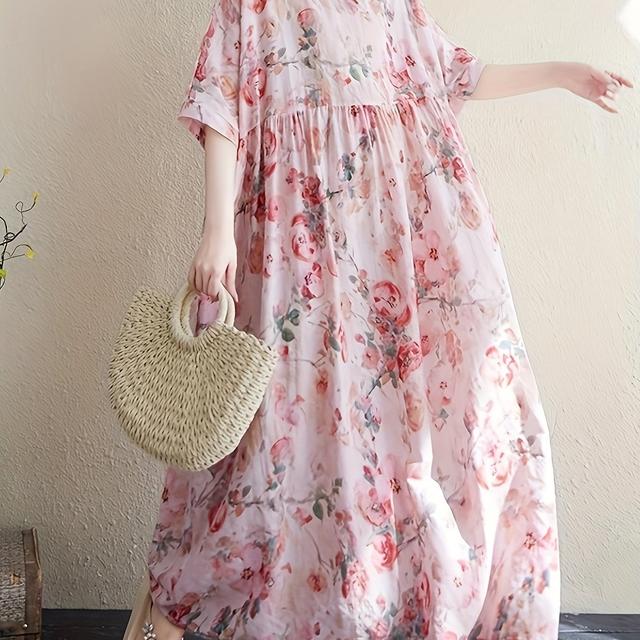 TEMU Plus Size - Plus Size - Bohemisk Klänning med Blommigt Tryck i Stora Storlekar - Lös och Ledig Semesterstil A- Utsvängd Maxiklänning med Fickor