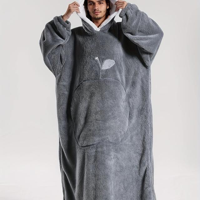 TEMU Men's Oversized Light Gray Fleece Hoodie Blanket With Embroidery - Cozy, Breathable, And Warm Winter Robe With Large Pockets For Fall/winter