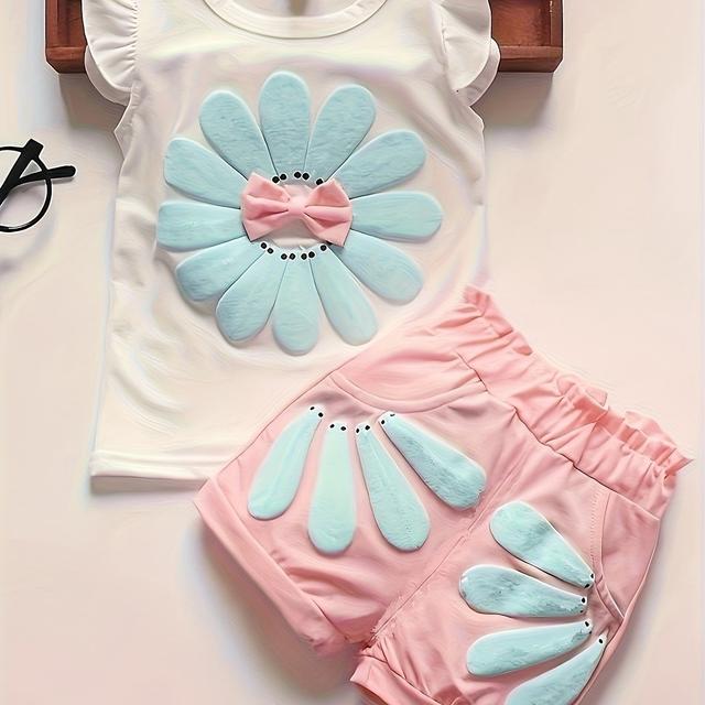 TEMU Girls' Summer Short-sleeve Set, Baby Girl' Print Ruffle Sleeve Shorts 2pcs Set, Perfect For Outdoor