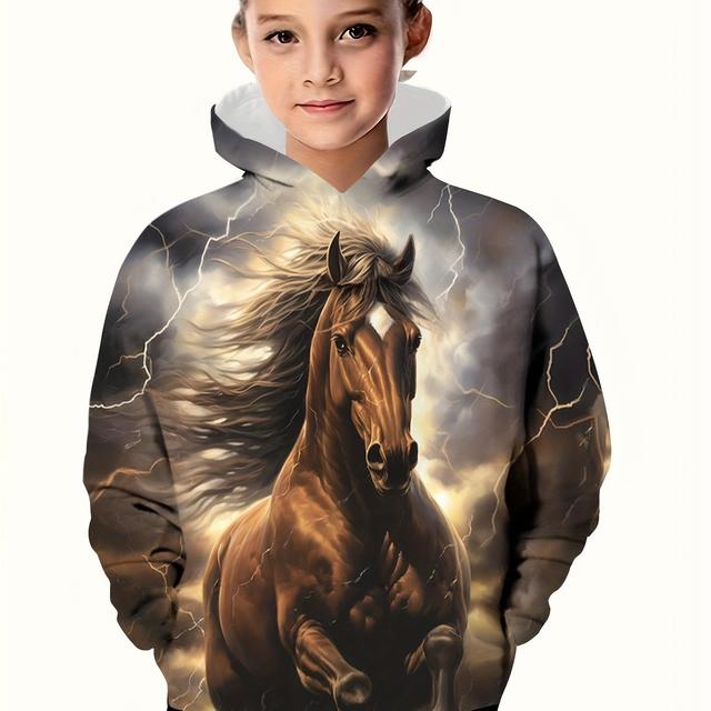 TEMU Boys' And Girls' Hooded Sweatshirt With Creative 3d Print Lightning And Horse Patterns, Casual And Breathable, Size M71