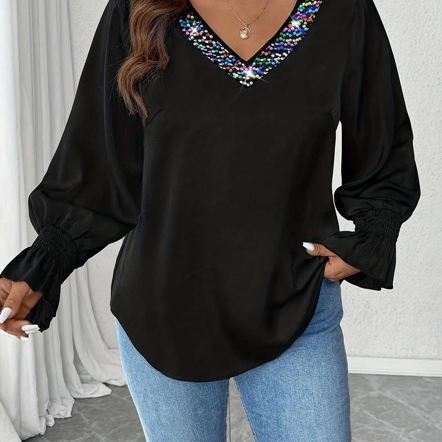 TEMU Plus Size - Plus Size - Een nieuw oversized shirt met pailletten, met een pailletten patchwork design, een V-vormige rugkant en een -laags pailletten strik.